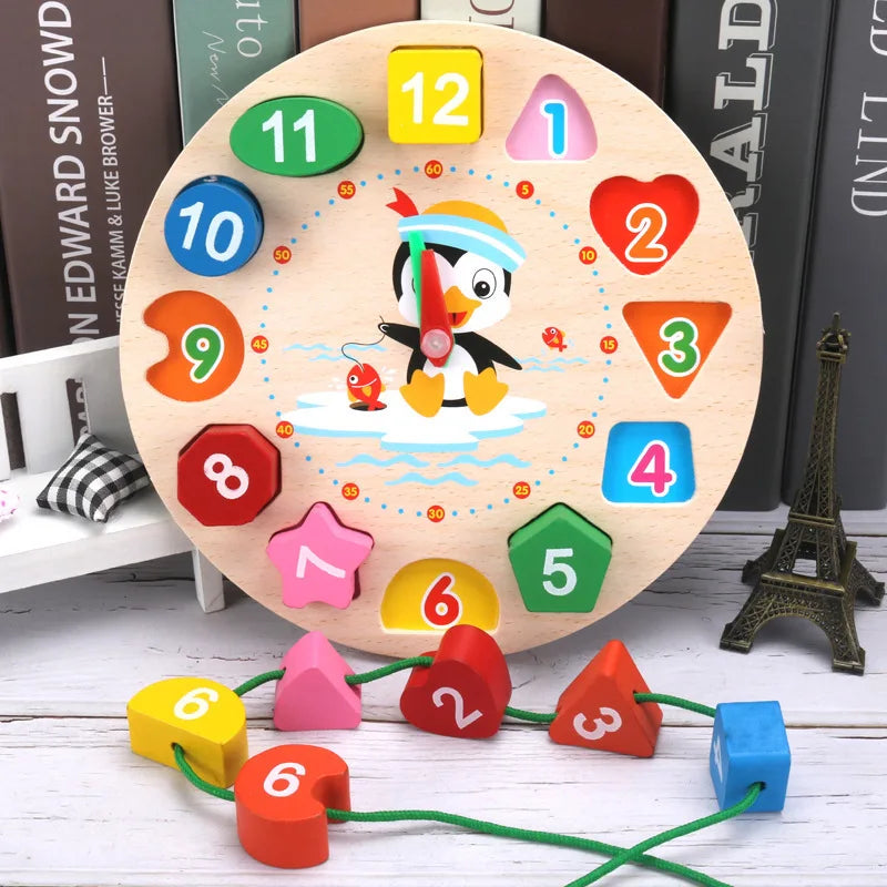 Wooden Digital Beads Penguin Clock Children's Early Learning Shape Matching Awareness Alarm Clock Toys